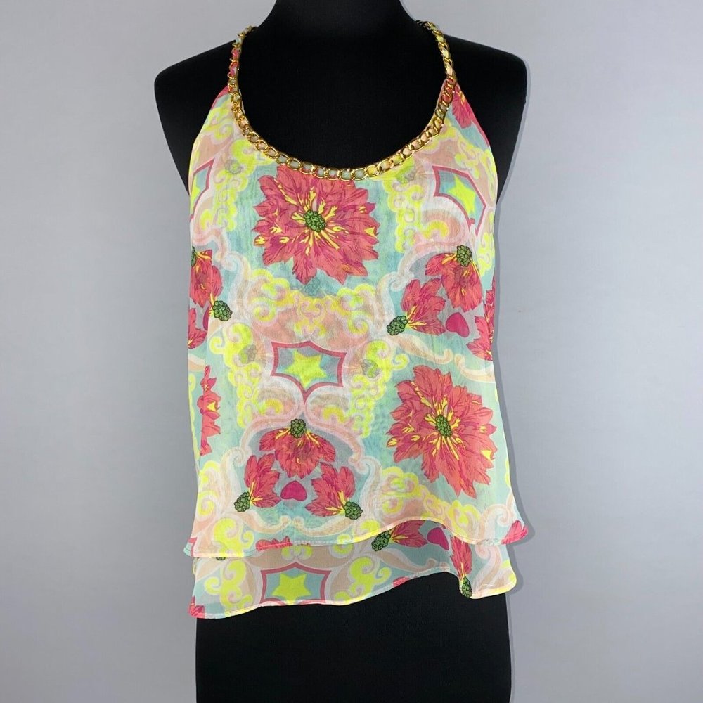 Top Chic M Floral Sheer Tiered Chain Accented Tank Top Keyhole Open Back Summer